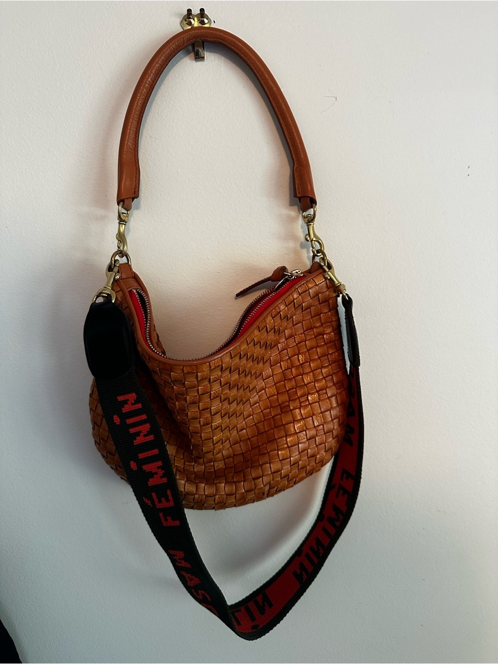 Clare V Cognac Woven Leather Shoulder Bag with Contrast Strap